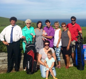 Joe Dignam (Gerringong First National), Kate Quinn (VP Gerringong Golf Club & Life member CMRI), Rosalie Cronin (Member Gerringong Golf Club and Vice President CMRI), Brendan Czulowski with baby Addison, Rhonda Bailey (Life member CMRI), Lorraine Peade (secretary CMRI) and Brad Huender (Course Superintendent) and Amy Czulowski with Harlow. 