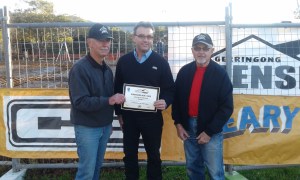 Shedies Ken Harris and Ken Cadogan with Steve Crandell of Cleary Bros